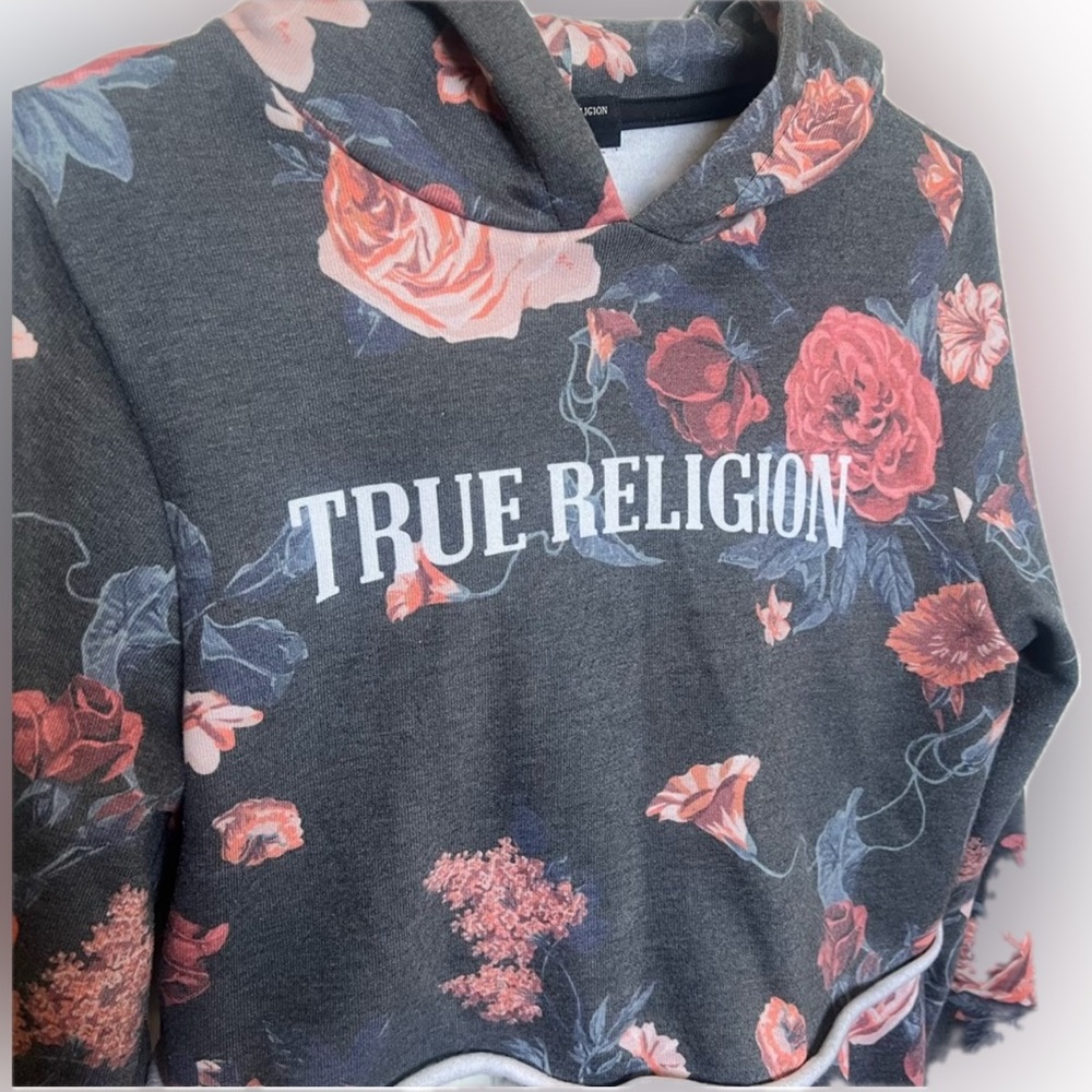 True Religion cropped Gray and Pink Hoodie